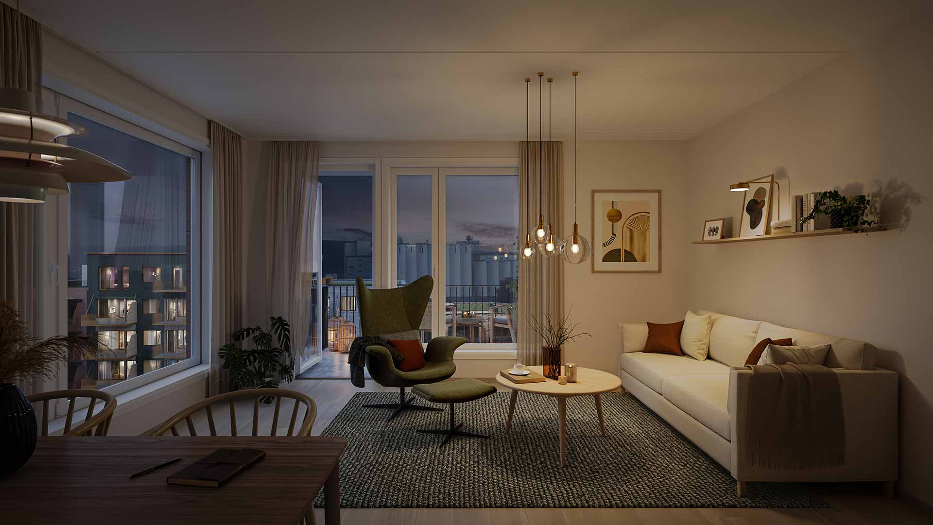 Illustrasjon fra en standard 3-roms leilighet i boligprosjektet Dronningkvartalet. Grønn lenestol, hvit sofa, lyst trehvitt bord og beige teppe. Store vinduer som ser ut mot skumringen på himmelen.