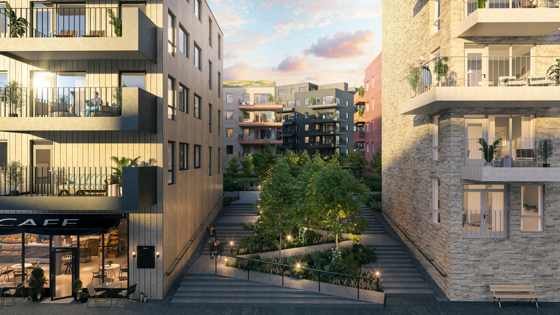 Fasaden til to bygg med park mellom. Illustrasjonsbilde til artikkel fra Thon Eiendom om fordelene med å bo i Lørenskog