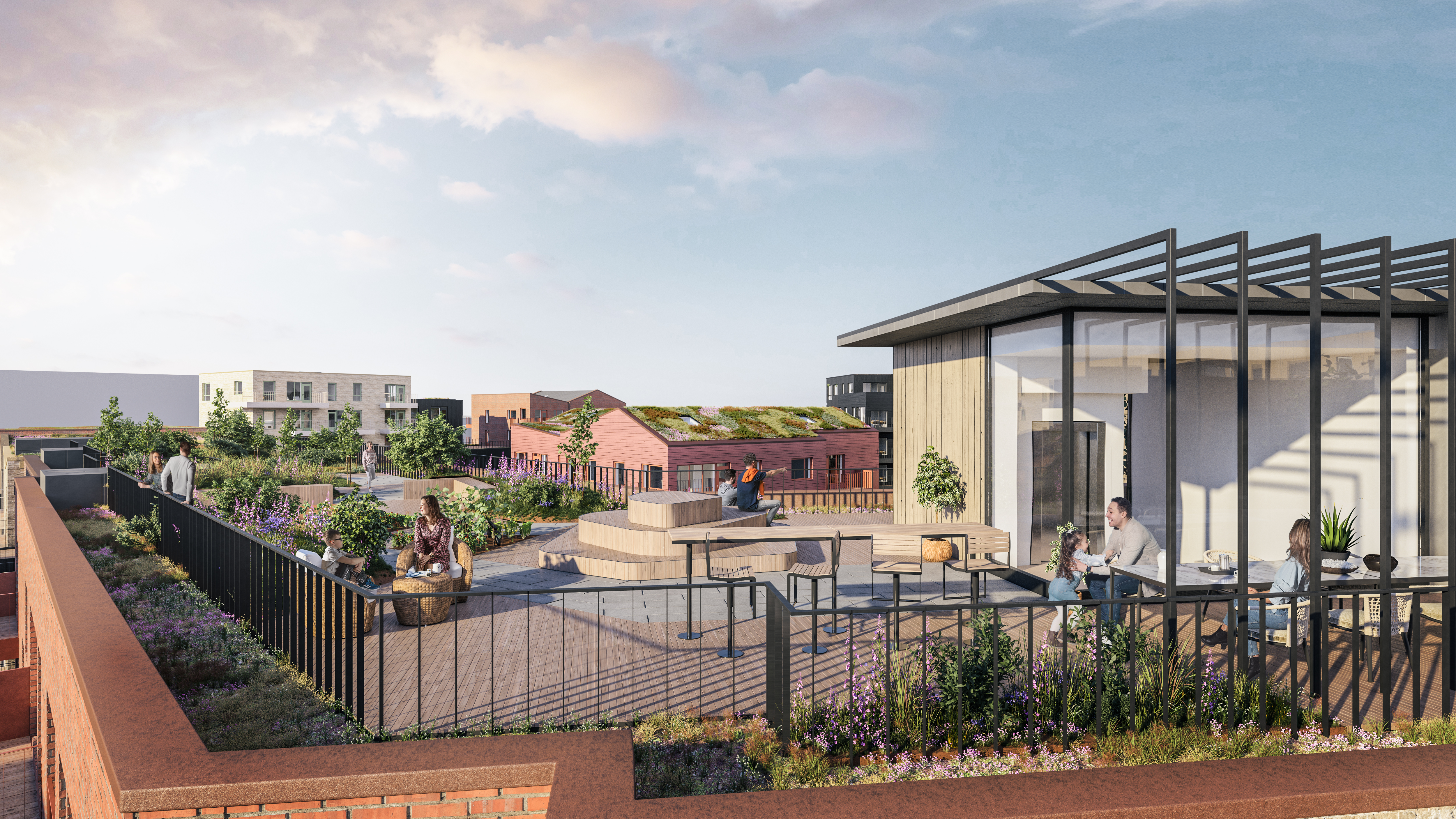 Takterrasse med folk som steller med blomster og planter. Illustrasjonsbilde.