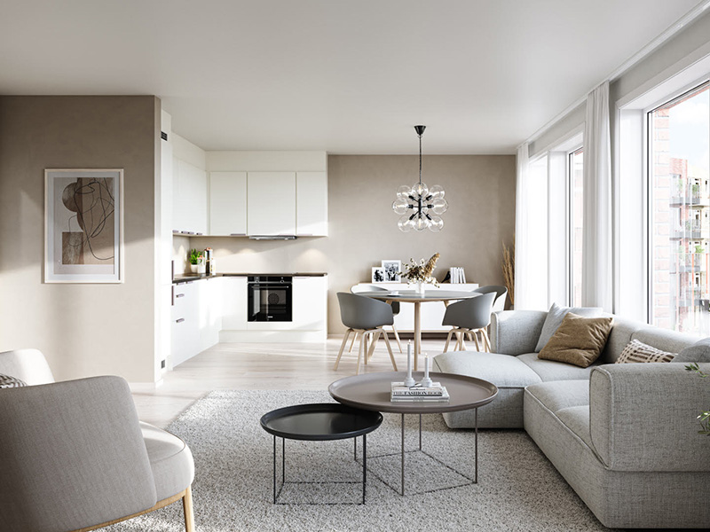 3D-illustrasjon av leilighet i Skårerløkka PREMIUM, med lyse farger på vegger og møbler, kombinert stue og kjøkken.