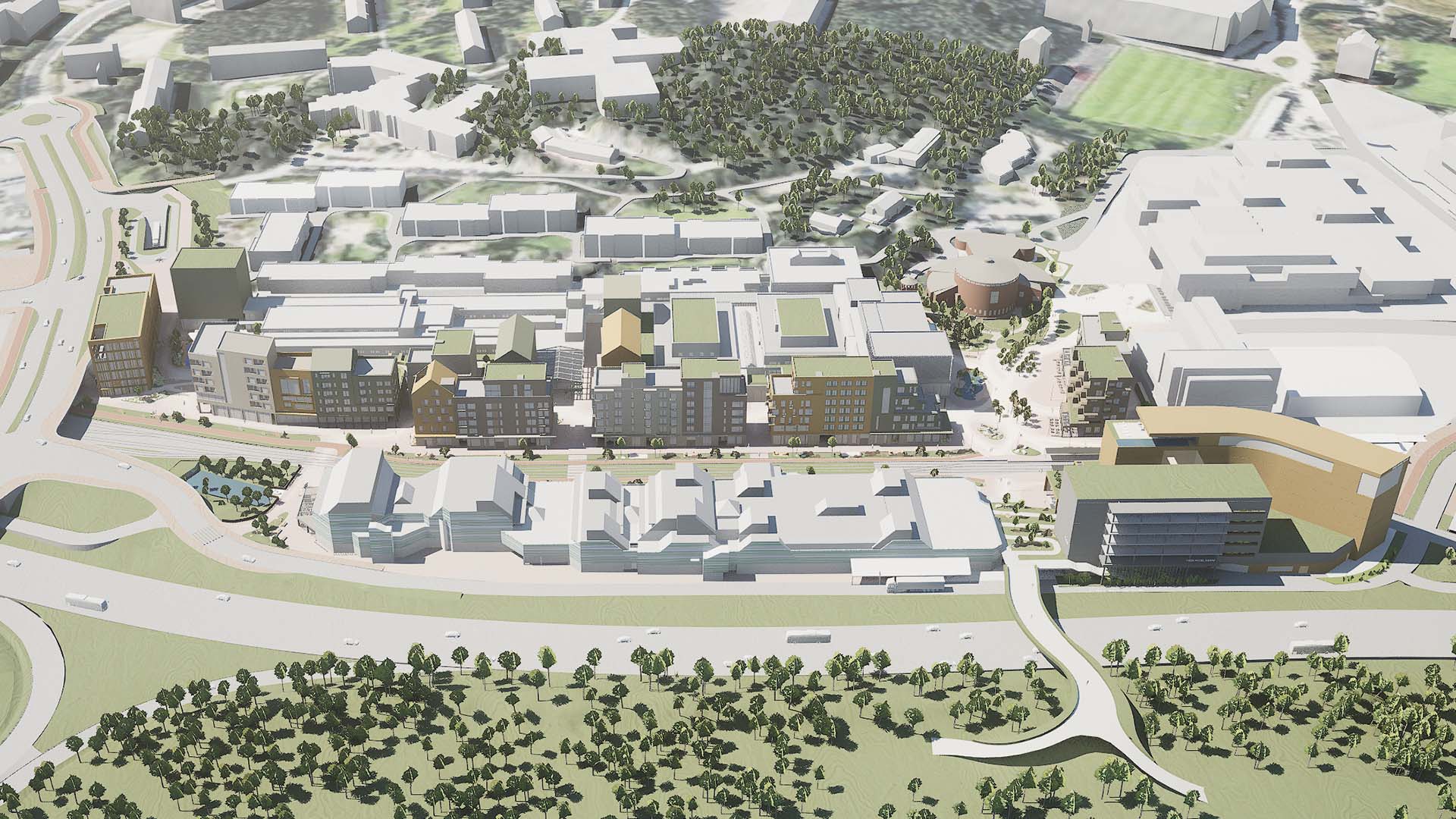 3D-illustrasjon med hvite og grønne bygningsmodeller, av det nye bysentrumet som Thon Eiendom planlegger i Åsane.