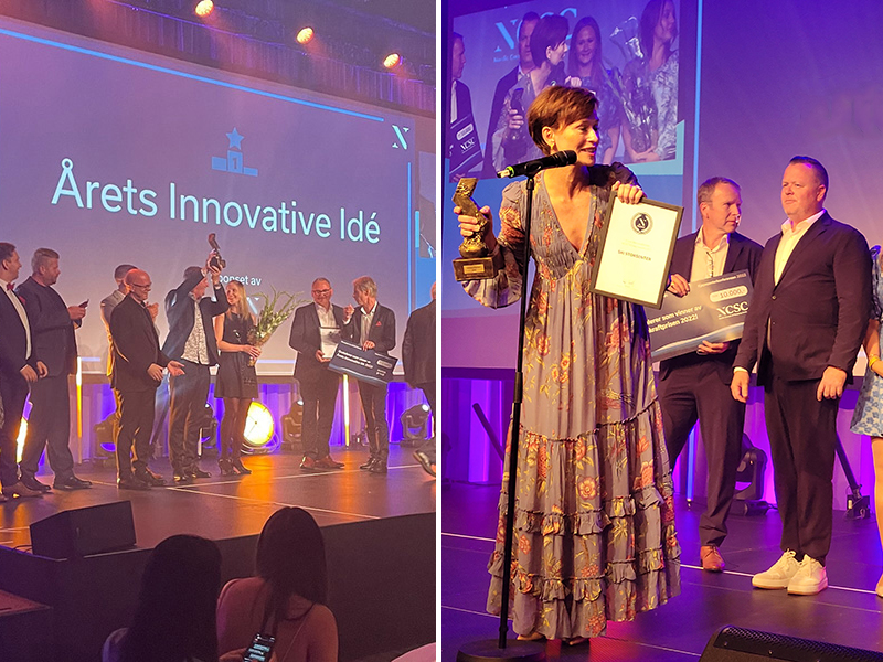 Bildet viser prisutdelingen kjøpesenterkonferansen 2022. En dame fra Ski Storsenter mottar en pris og kollegaene hennes står i bakgrunnen.