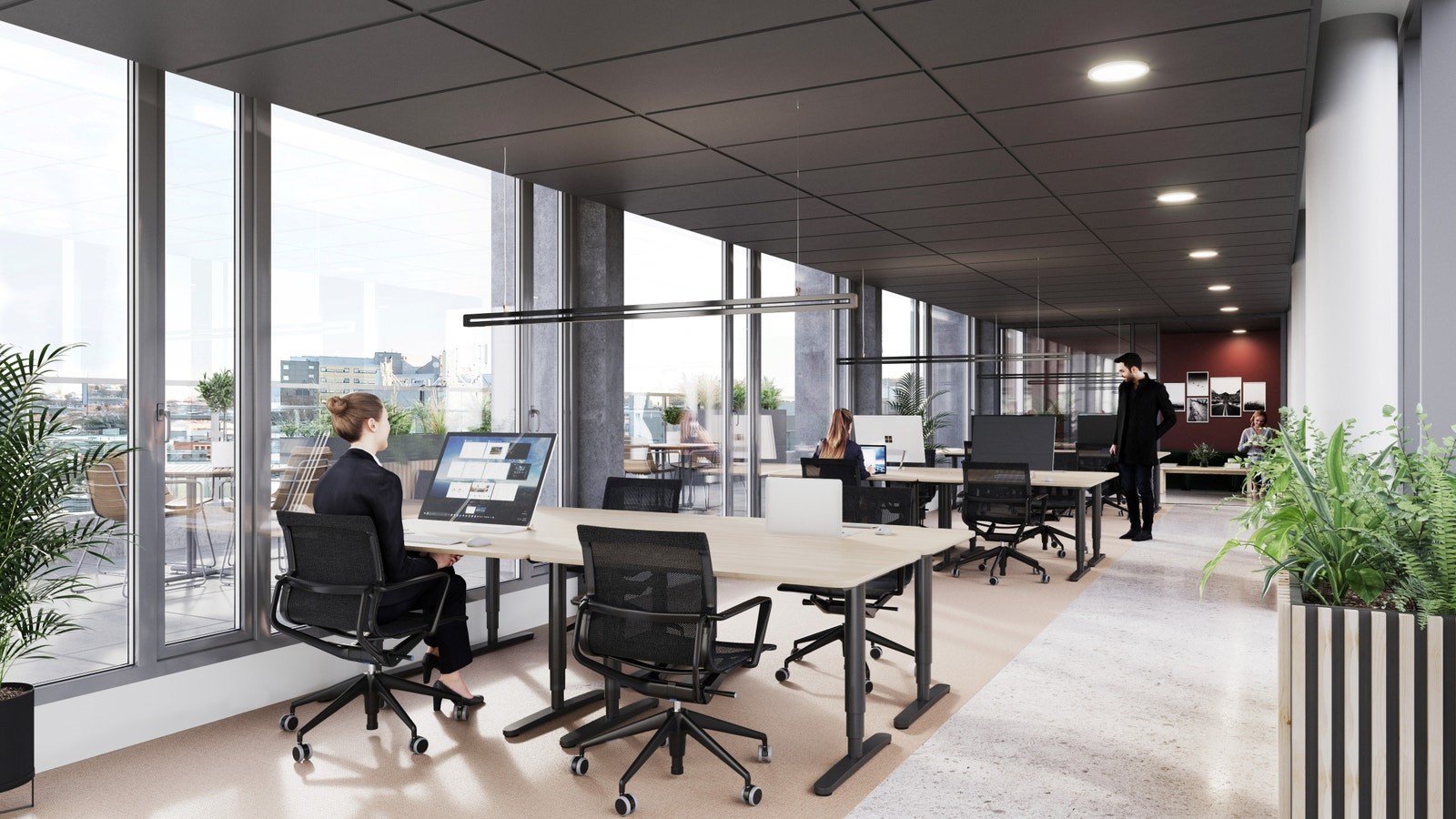 Illustrasjon fra 7. etasje. Store terrasser blir fine uteområder.