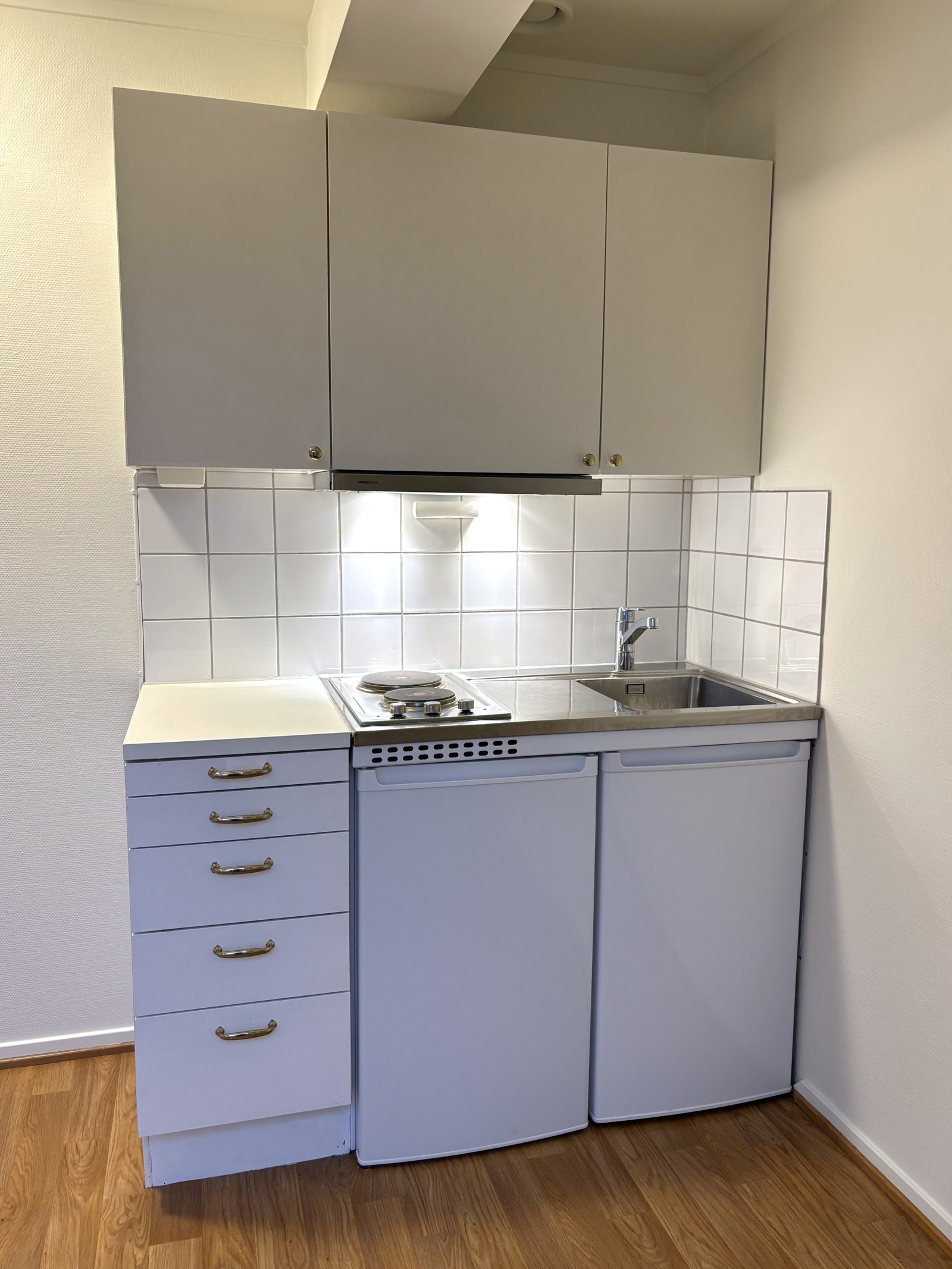 Minikjøkken med to kokeplater, lite kjøleskap med frysedel.