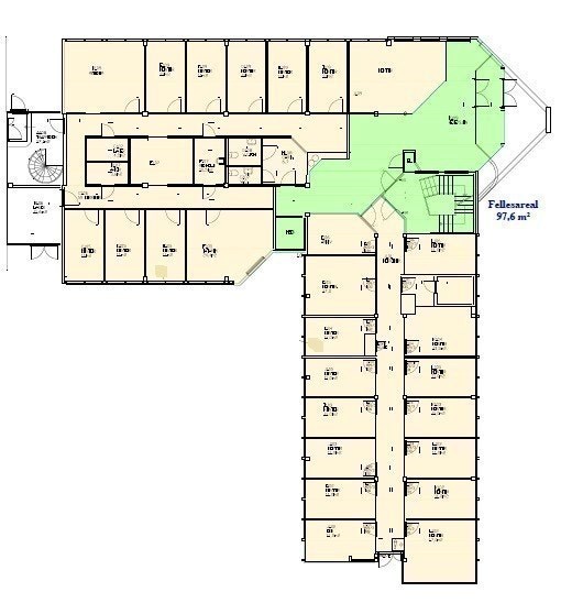 Plantegning 1. etasje. Hele etasjen er ledig. Etasjen kan deles på 2 leietakere.
