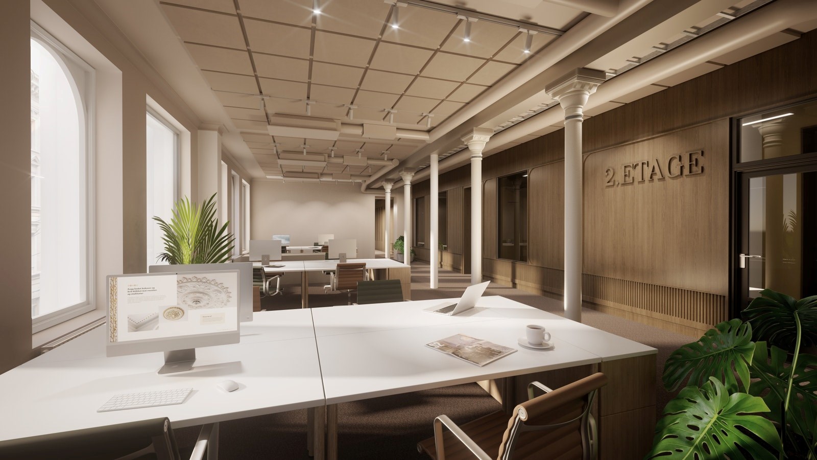 I kontoretasjene finner man høy detaljeringsgrad og gode kvaliteter på materialet, 3D-dimensjonalitet og skreddersøm kjennetegner interiøret.